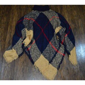 Women’s Multicolor Plaid Cowl Neck Fringed Knit Poncho One Size Cozy Winter